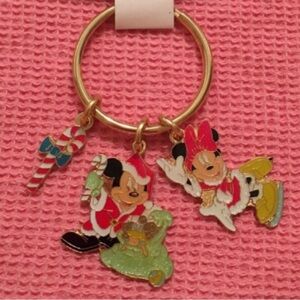 Disney keyring Christmas Mickey Minnie dangling charms metal gold tone Holiday